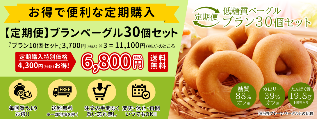 お得で便利な定期購入！定期便ブランベーグル30個セット。ブランベーグル10個セットを毎回購入するより4,300円お得！！